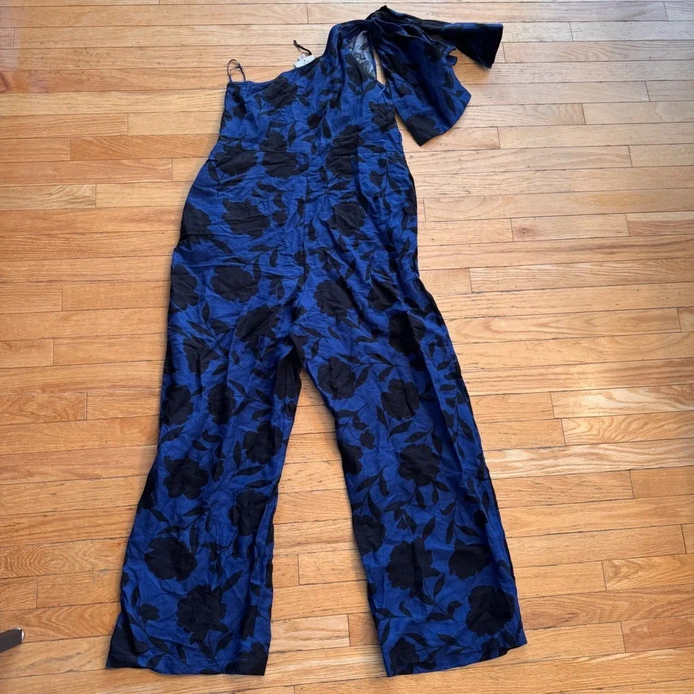 Kate Spade Target Blue Black Floral One Shoulder Bow Jumpsuit Size 14 NWT